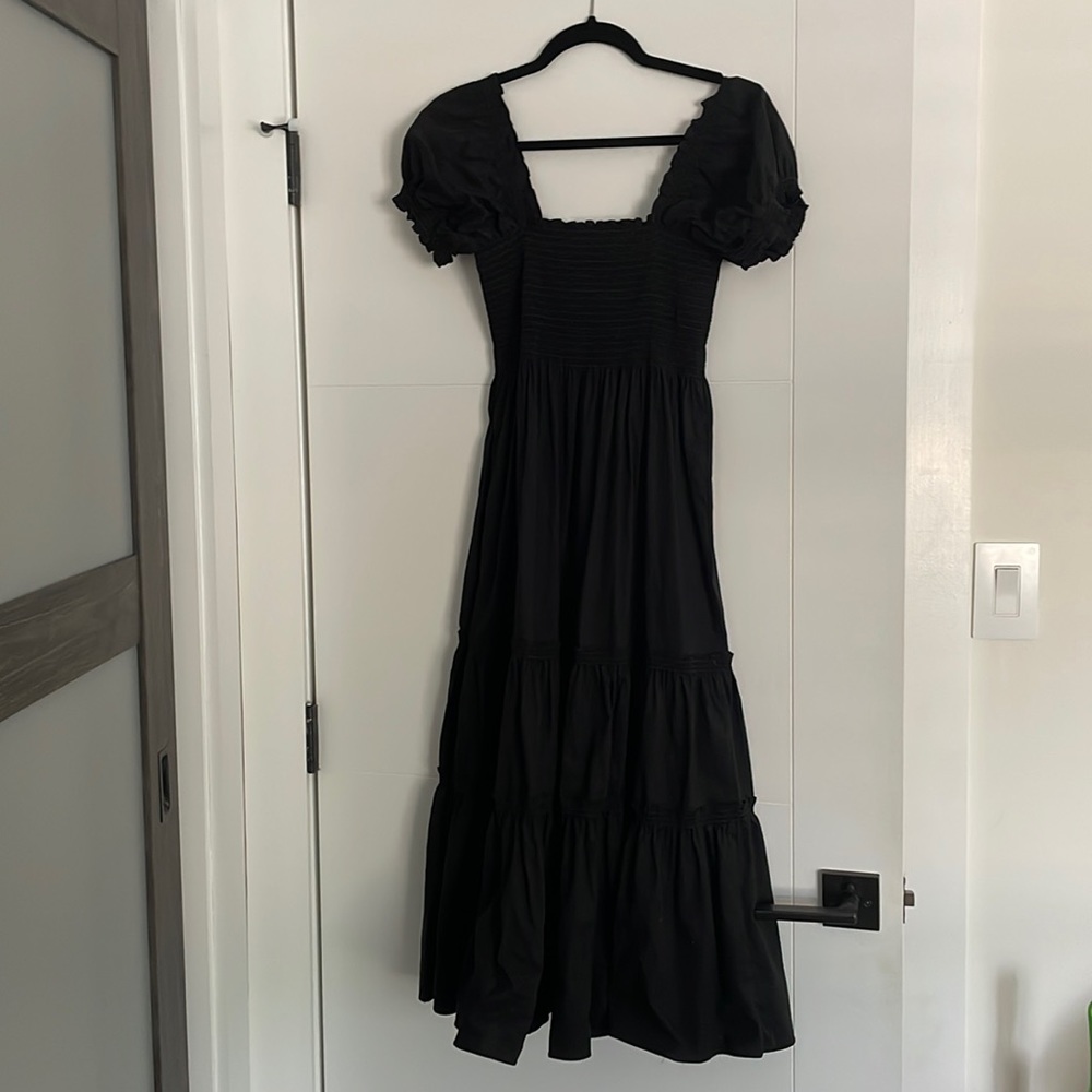 o.p.t. Black Midi dress puff sleeve tiered 100% cotton